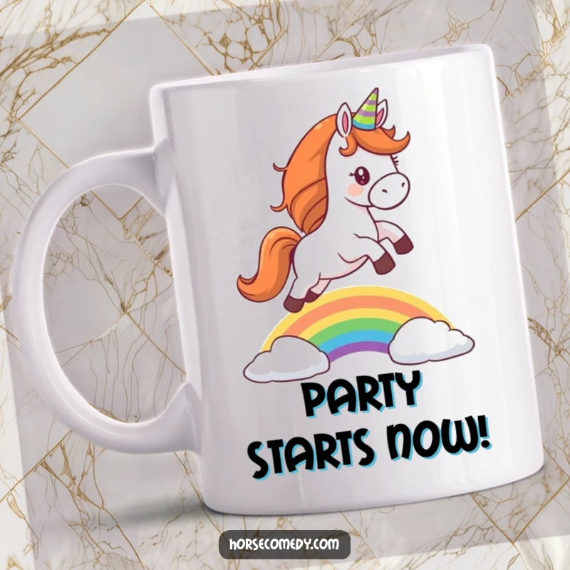 Funny mug depicting a horse wearing a tiny party hat, joyfully leaping over a vibrant rainbow, full of whimsical celebration.
