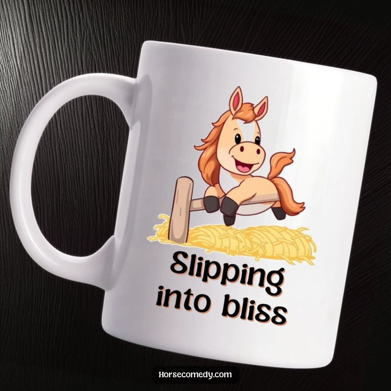 Funny horse mug with a playful grin, gleefully sliding down a rustic banister made of hay.
