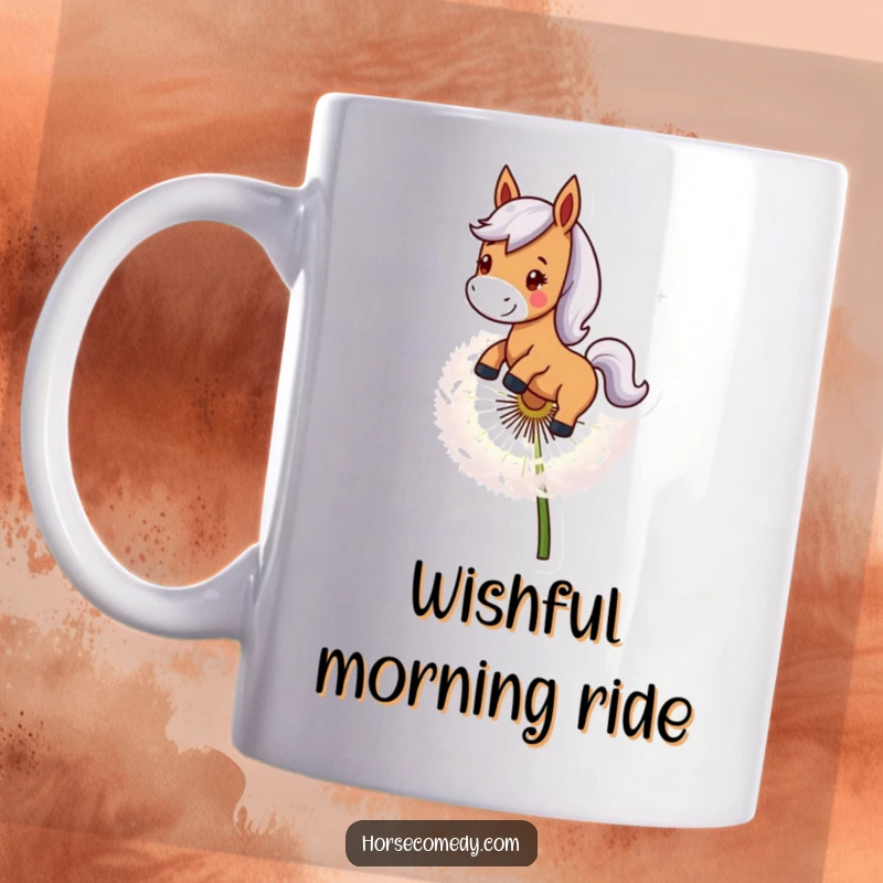 Funny Horse Dandelion Mug: A smiling horse character joyfully rides on the back of a giant dandelion seed, conveying carefree adventure.