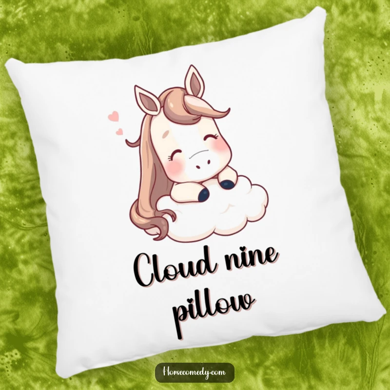 Funny horse pillow, a contented horse relaxing with its head on a soft fluffy cloud, comfortable and humorous.