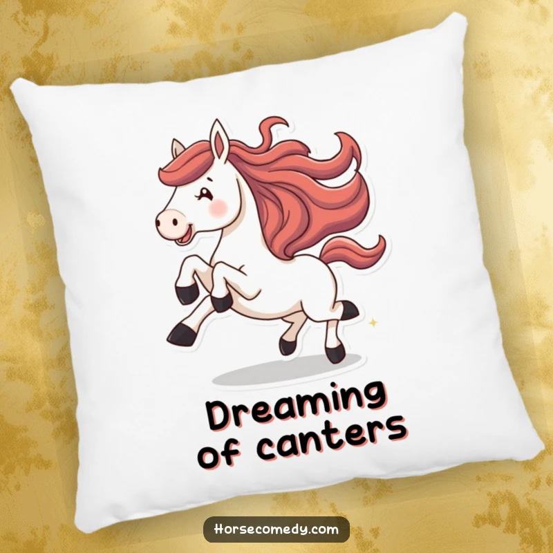 Funny horse pillow, showing a horse joyfully kicking its legs high while galloping. Soft and humorous.