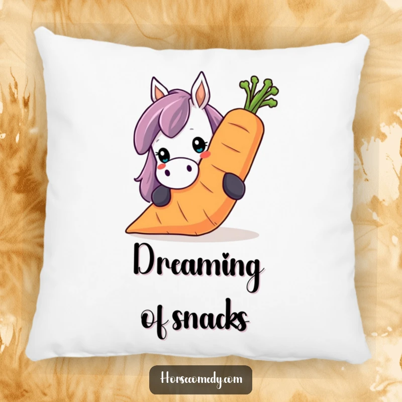 Funny horse pillow, showing a horse peeking over a giant, smiling carrot. Soft, cuddly, and humorous.