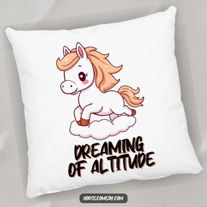 Funny horse pillow depicting a fluffy horse with flowing mane, gallops joyfully on a cloud.