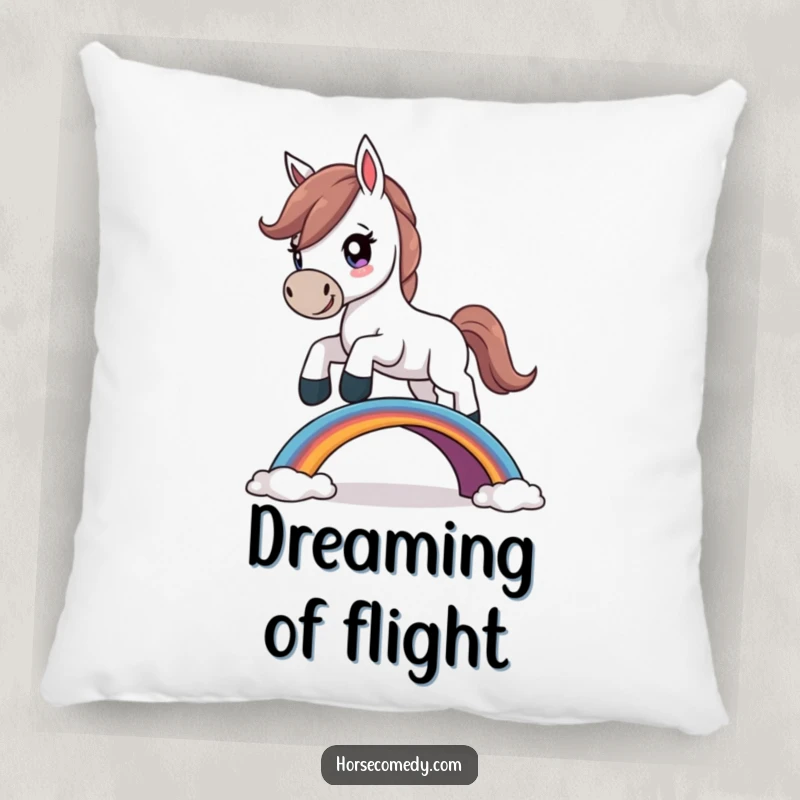 Funny Horse Pillow depicting a determined horse character leaping over a small rainbow bridge, symbolizing overcoming obstacles.