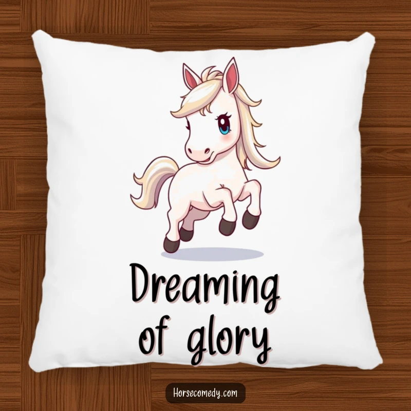 Funny horse pillow, horse with a shimmering mane, prancing with excitement, offering soft comfort and a radiant aesthetic.