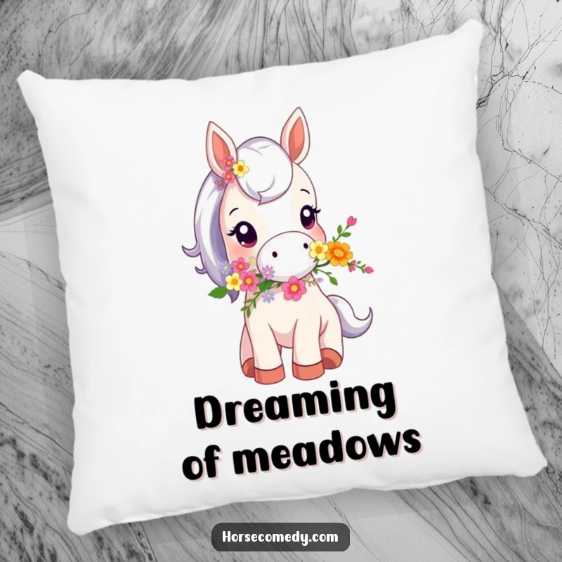Funny pillow with a plush design of a tiny horse animal holding a bouquet of flowers in its mouth, adding comfort and humor.