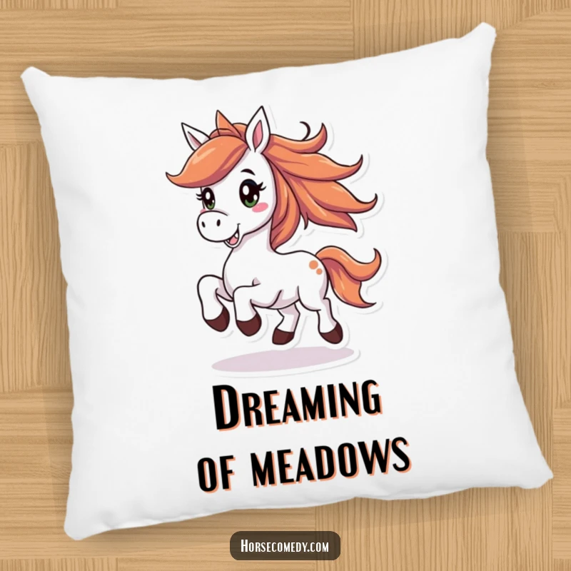 Funny horse pillow with a joyful horse, flowing mane, prancing with a big smile, offering comfort and humor.