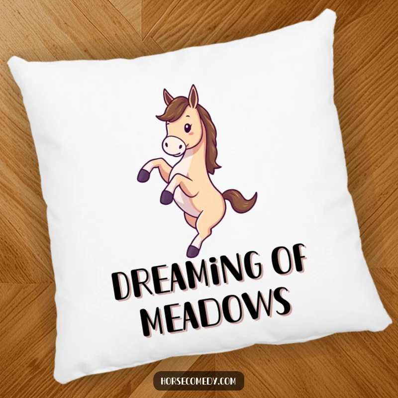 Funny pillow depicting a horse gleefully kicking its legs high while spinning in a dynamic, celebratory pose.