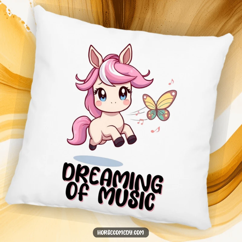 Funny pillow showcasing a horse with twinkling eyes chasing a butterfly made of musical notes, offering comfort and a humorous musical design.