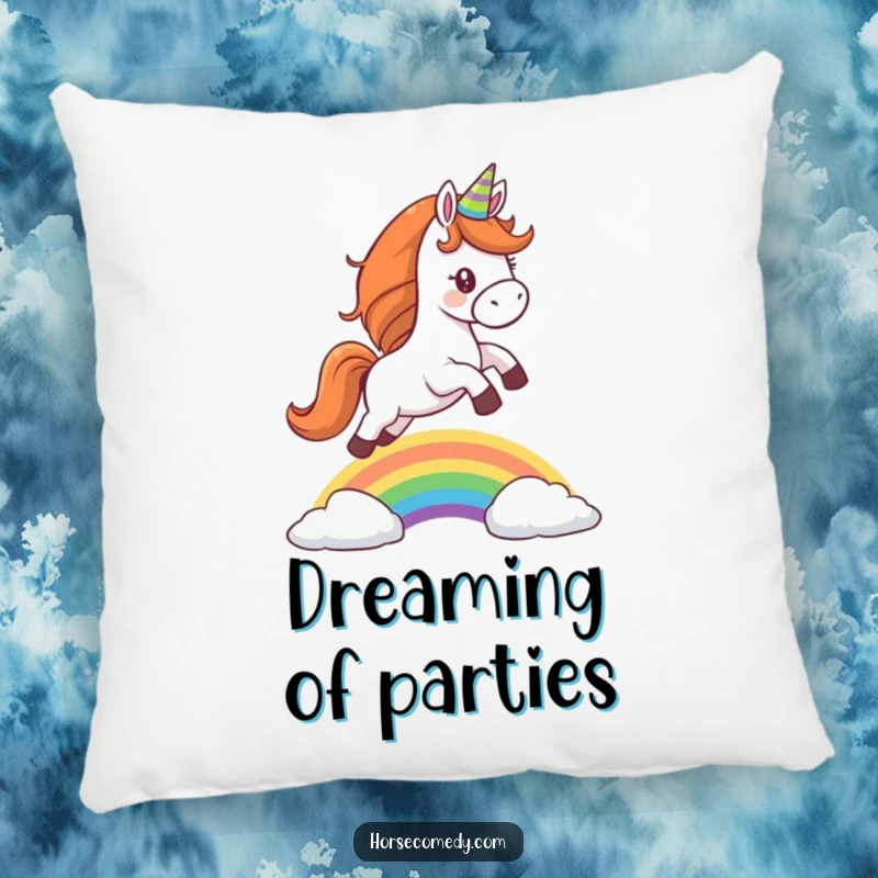 Funny pillow featuring a horse wearing a party hat, leaping over a rainbow, perfect for cozying up with magical humor.