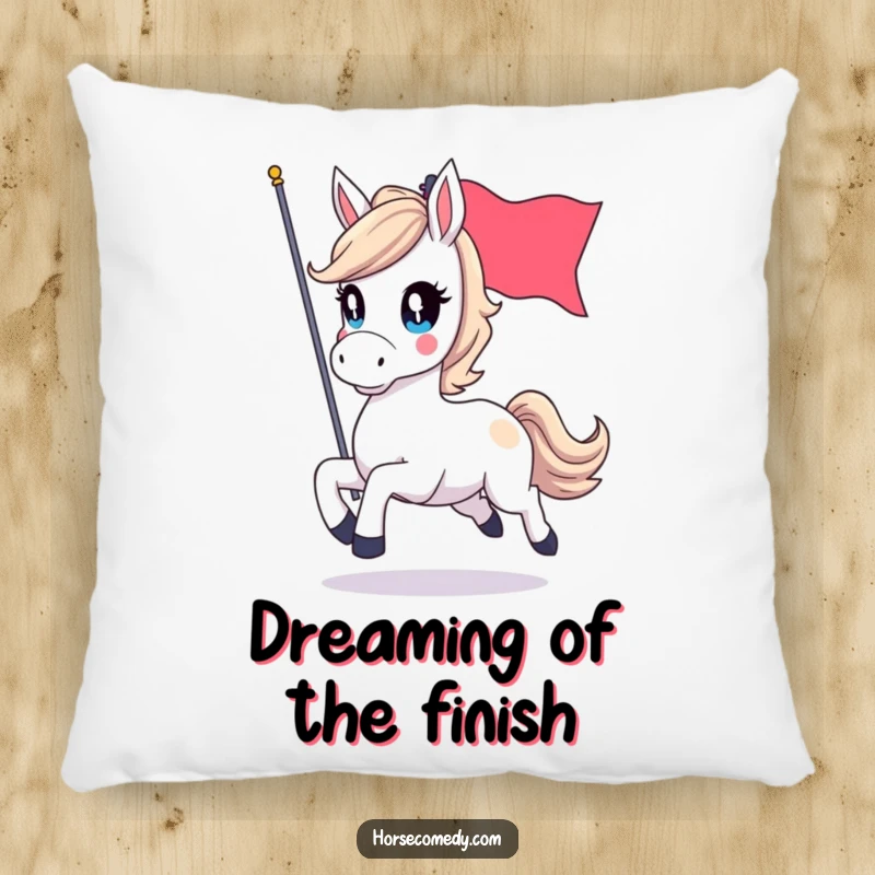 Funny pillow featuring a horse character with sparkling eyes, galloping triumphantly with a flag, offering soft, humorous decor.