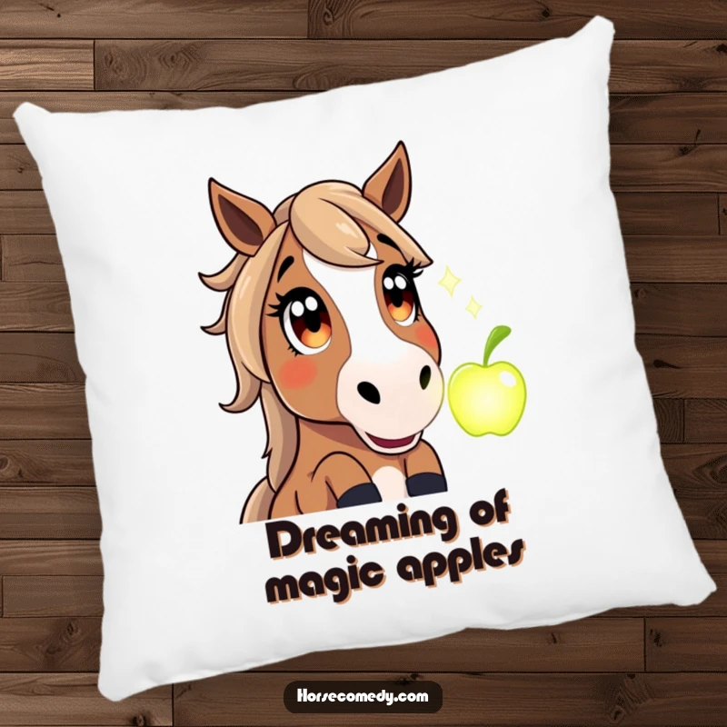 Funny pillow illustration of a horse with large, amazed eyes observing a radiant, magical apple appearing, ideal for decor.