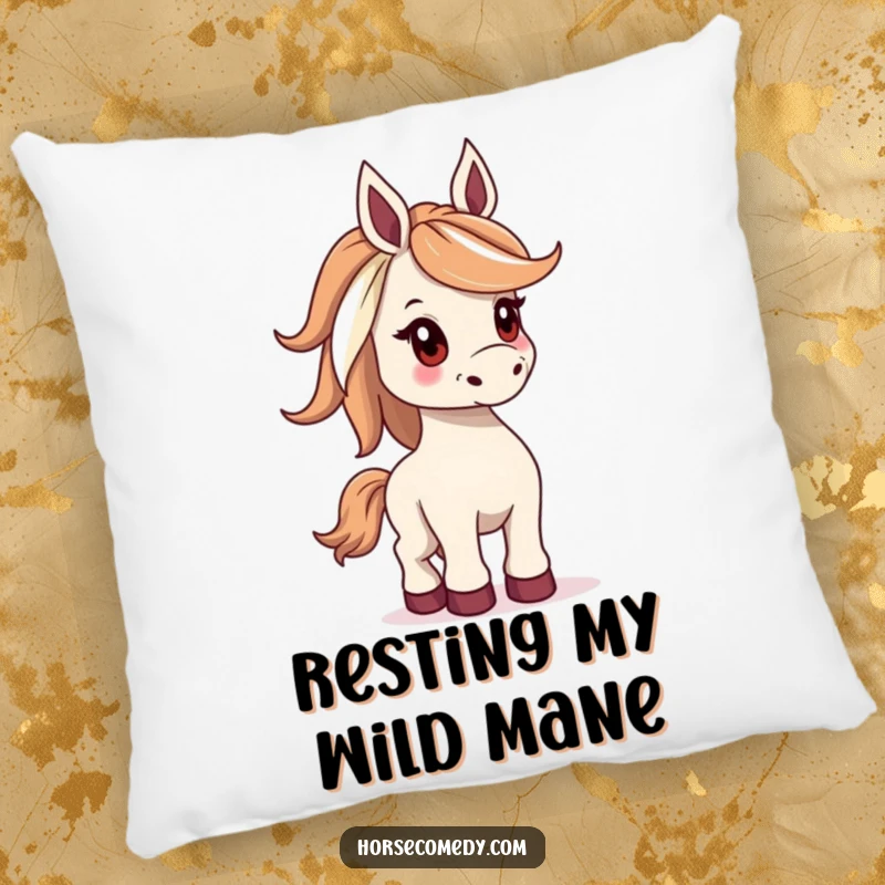 Funny pillow design of a horse with a wide mane, caught in a playful bucking motion, offering comfort and humor.