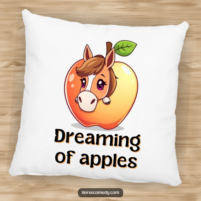 Funny horse character peeking from behind a giant, sparkling apple with a curious gaze on a pillow, offering soft, whimsical comfort.