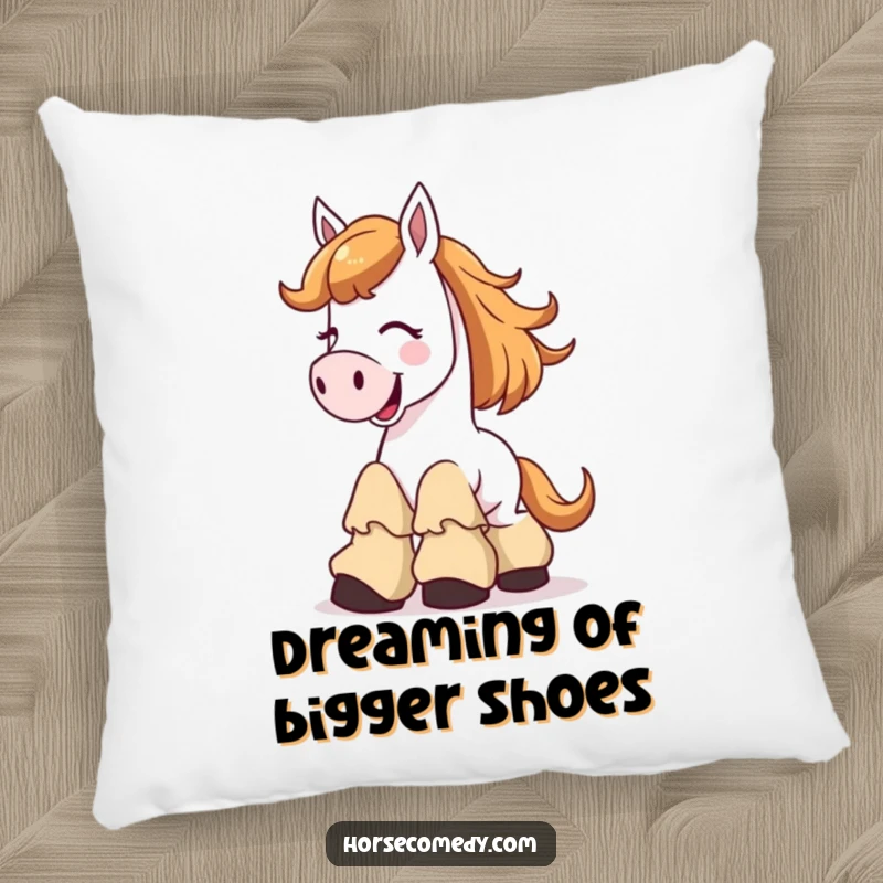 Funny Pillow designed with a giggling horse character wearing comically large, floppy boots, perfect for adding humor to any seating.