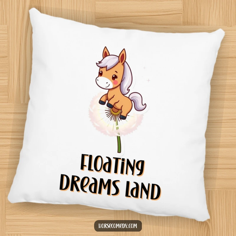 Funny Horse Pillow: A smiling horse character rides on a giant dandelion seed, conveying a sense of joyful, carefree adventure.