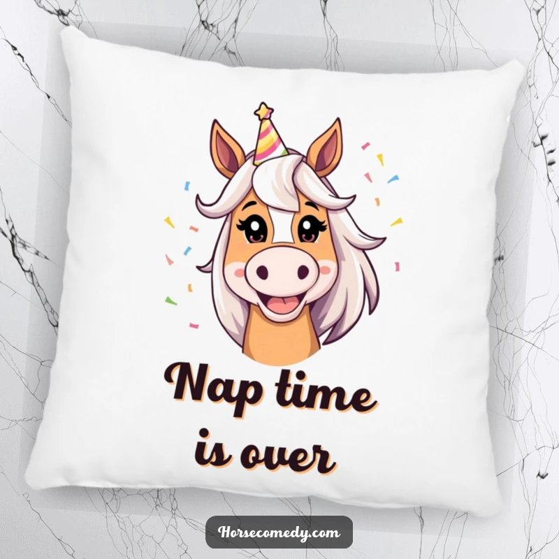 Funny Horse Pillow with a silly grinning horse in a party hat and confetti, offering comfort and humor.
