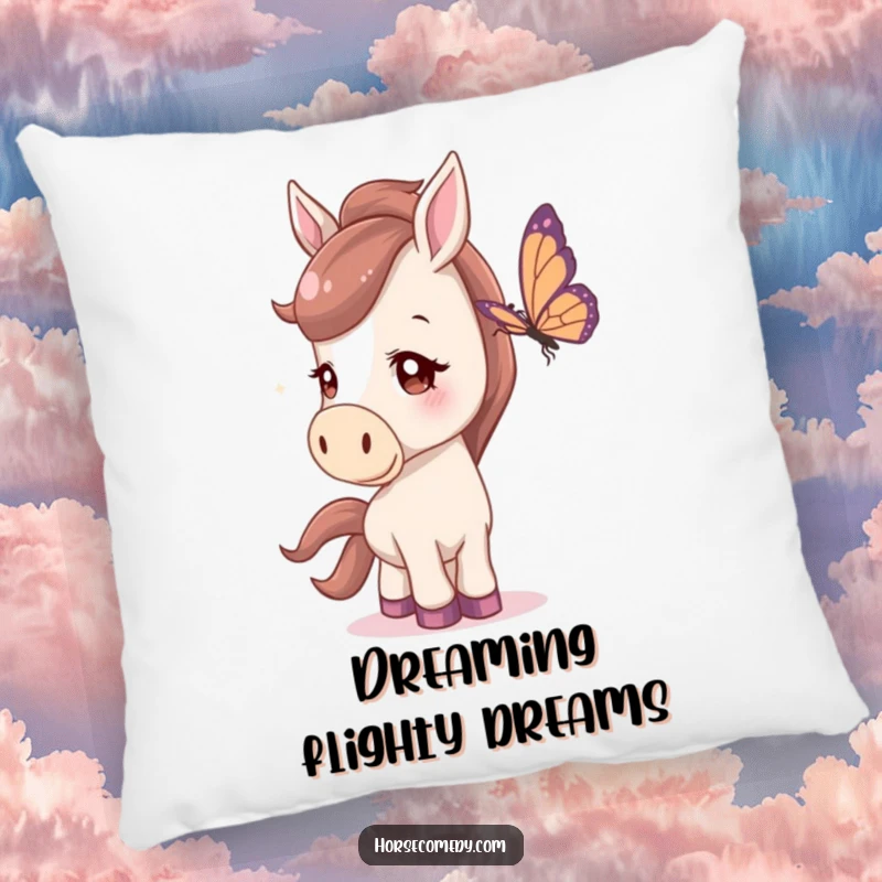 Funny Pillow showcasing a horse with a curious head tilt, watching a butterfly, offering soft, whimsical comfort.