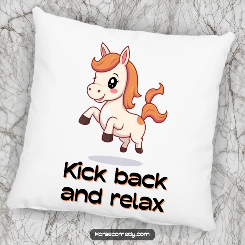 Funny Kawaii Horse Pillow showing a cute horse neighing happily, its heels kicking playfully, offering cozy charm.