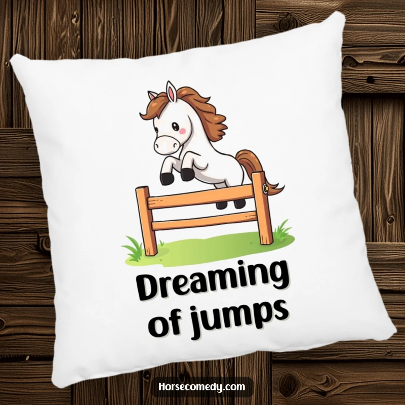Funny horse character dramatically leaping over a small, colorful fence on a pillow, offering soft, energetic, comical comfort.