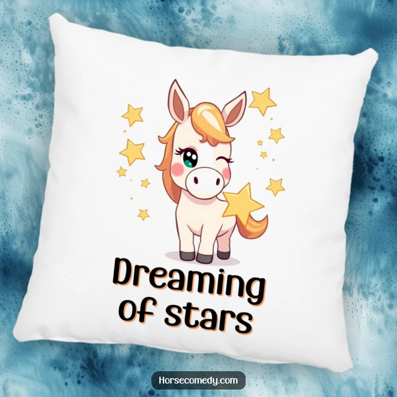 Funny horse pillow with a mischievous horse character winking while juggling oversized, bright stars, offering cosmic comfort.
