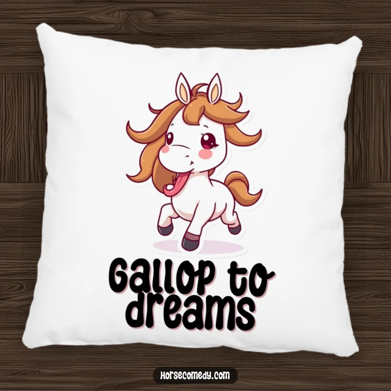 Funny horse pillow with a horse character joyfully galloping with its mane flying and tongue out, offering energetic comfort.