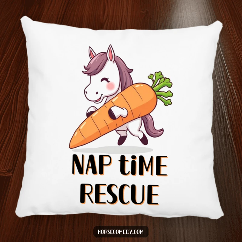 Funny horse character stumbling with a huge carrot, featured on a soft and hilarious throw pillow.