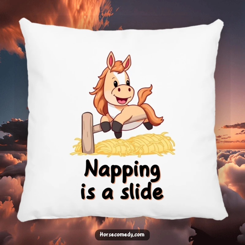 Funny horse pillow depicting a horse with a playful grin, sliding down a banister made of hay.