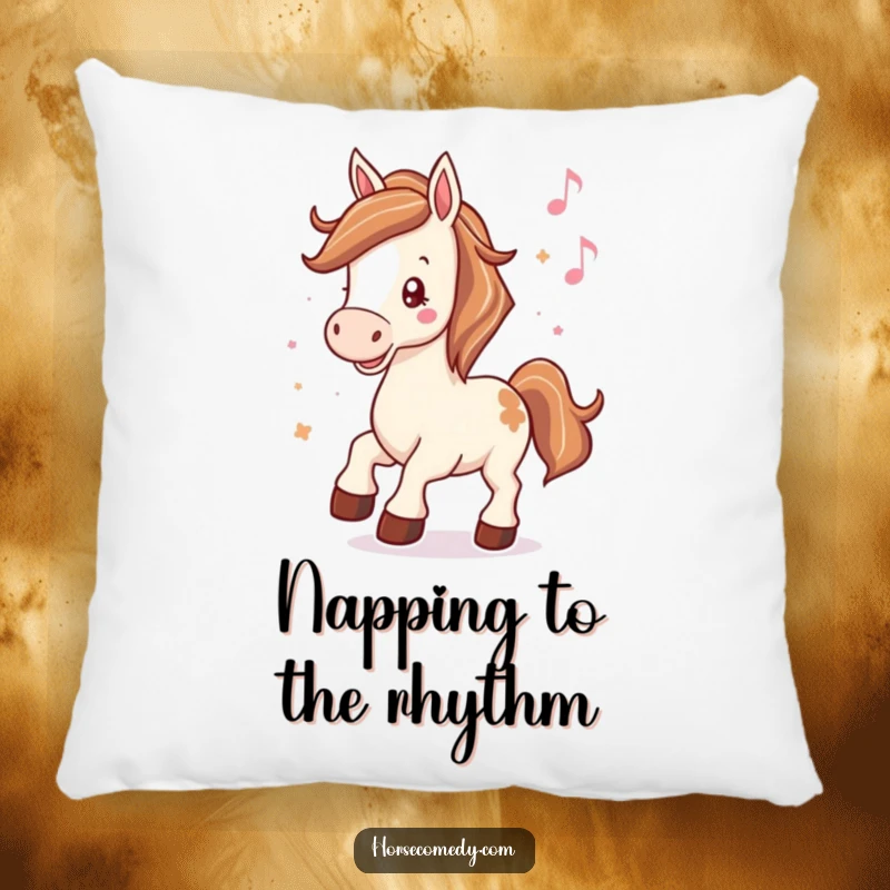 Funny pillow design of a horse neighing happily, hooves tapping rhythmically to music, perfect for relaxation.