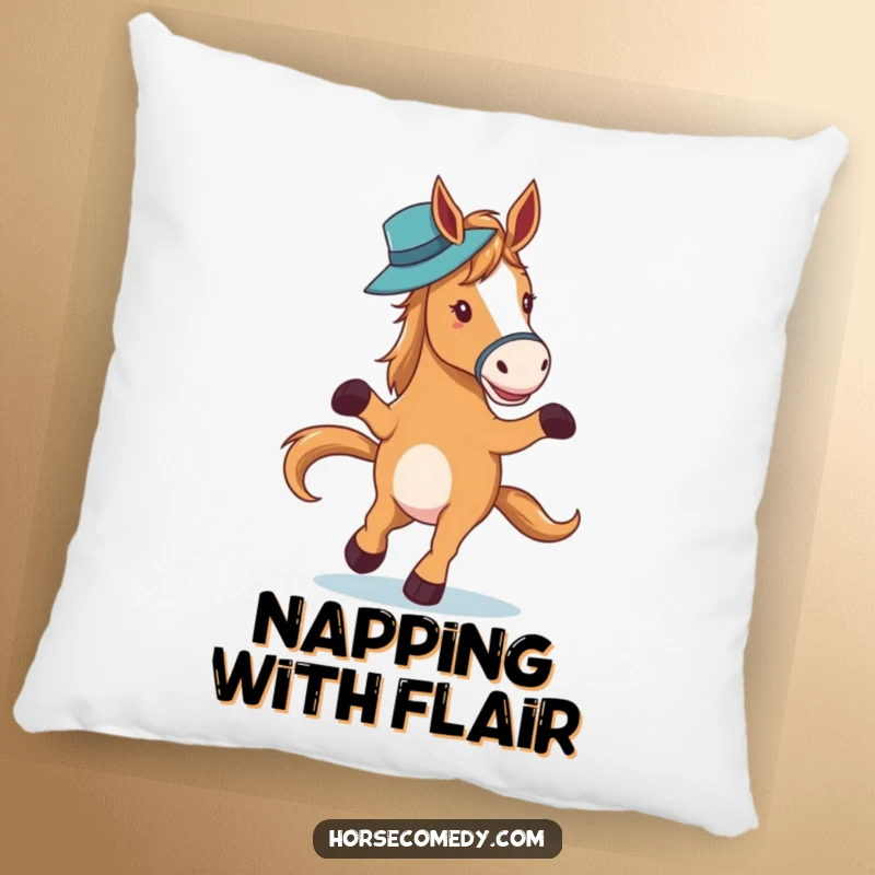Funny horse character elegantly waltzing with a hat balanced on its nose on a soft pillow, offering refined comfort and humor.
