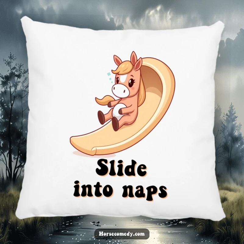 Funny horse pillow with a giddy horse character sliding down a whimsical, winding slide, offering comfort and playful vibes.