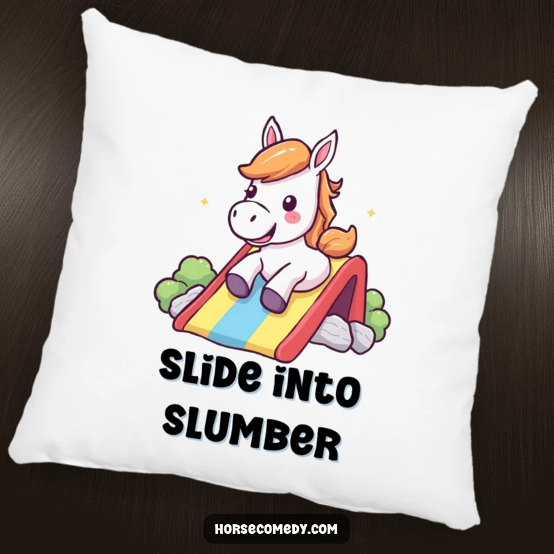 Funny Pillow: A happy horse slides down a rainbow, shouting with glee, perfect for comfort.