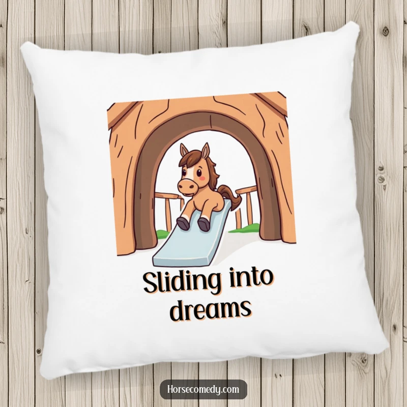 Funny pillow showing a horse smoothly sliding down a large, curved structure with a contented expression.