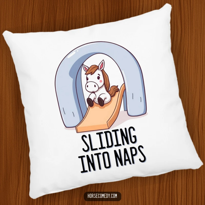 Funny horse character sliding down a large, arched slide on a soft pillow, offering playful comfort and humor.