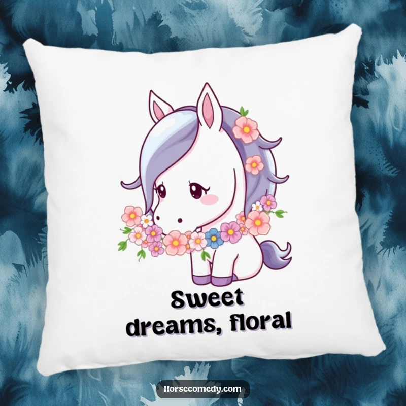 Funny Horse Flower Garland Pillow with a horse nuzzling a flower garland, perfect for adding soft comfort and a touch of serene, natural beauty to any room.
