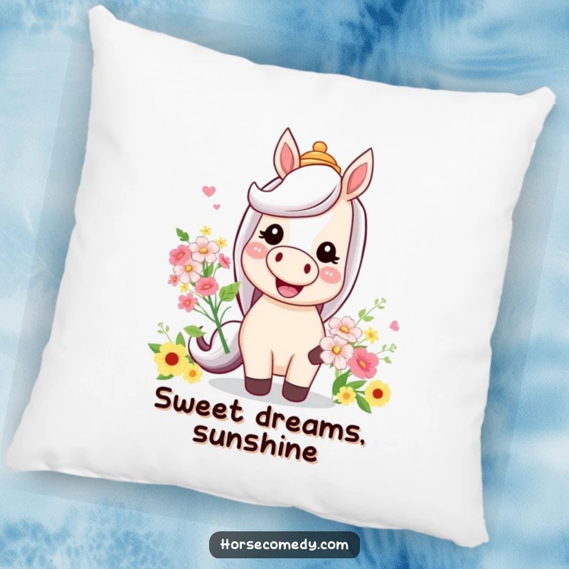 Funny pillow design of a horse grinning widely, wearing a comical hat and holding a bouquet, ideal for decor.