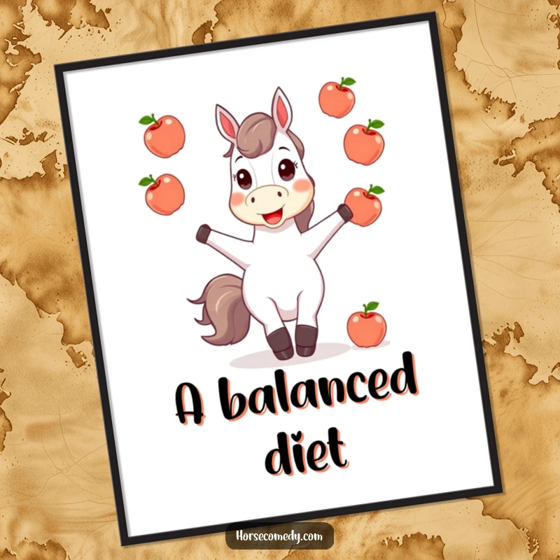 Funny horse character artfully juggling shining apples, available as a digital print for instant, humorous home decor.