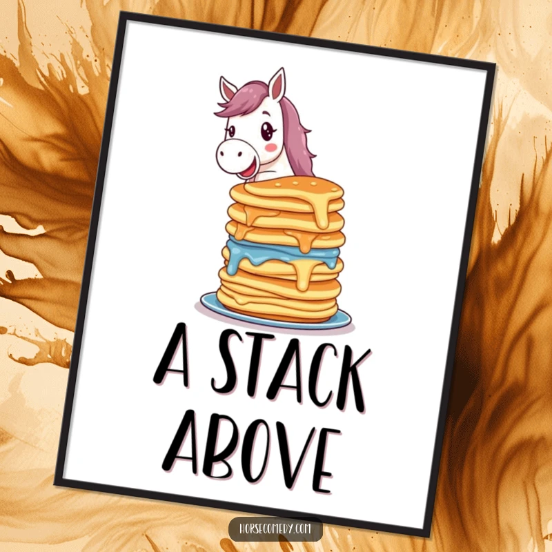 Funny horse digital art of a delighted horse character balancing a colorful stack of wobbling pancakes, a humorous breakfast scene.