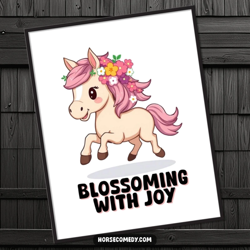 Funny digital art print of a horse joyfully galloping, its mane beautifully styled with an abundance of flowers.