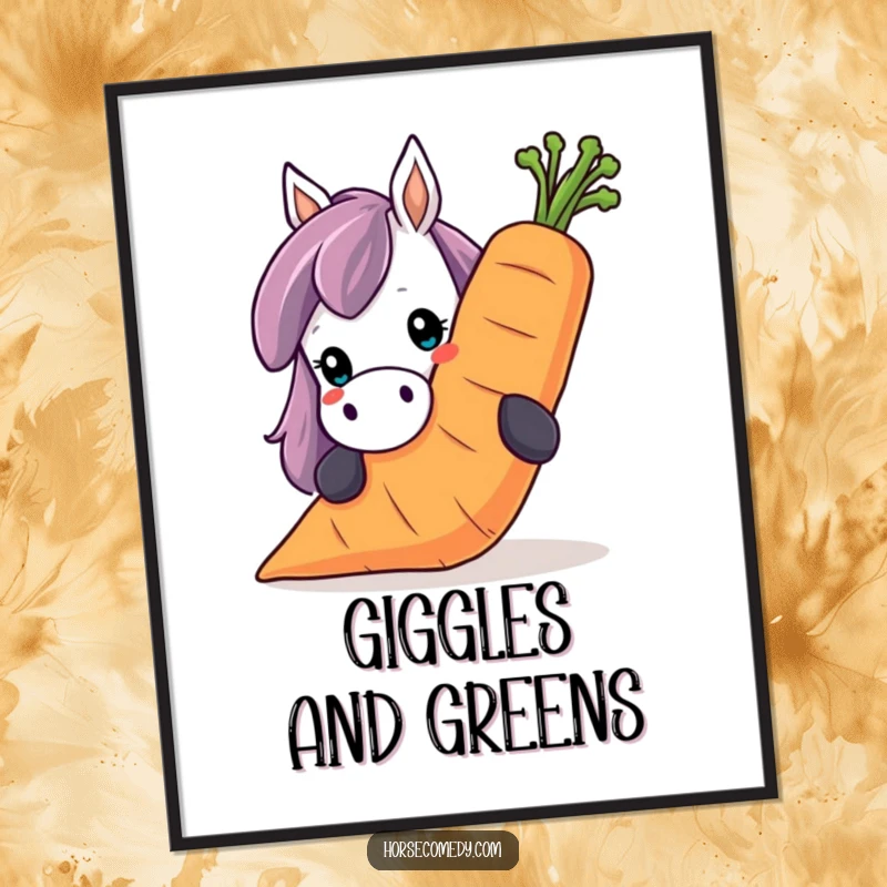 Funny horse digital art print, with a horse peeking over a giant, smiling carrot. Quirky and charming.