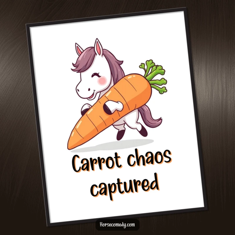 Funny horse character stumbling while carrying a giant carrot, a high-resolution, humorous digital art print.