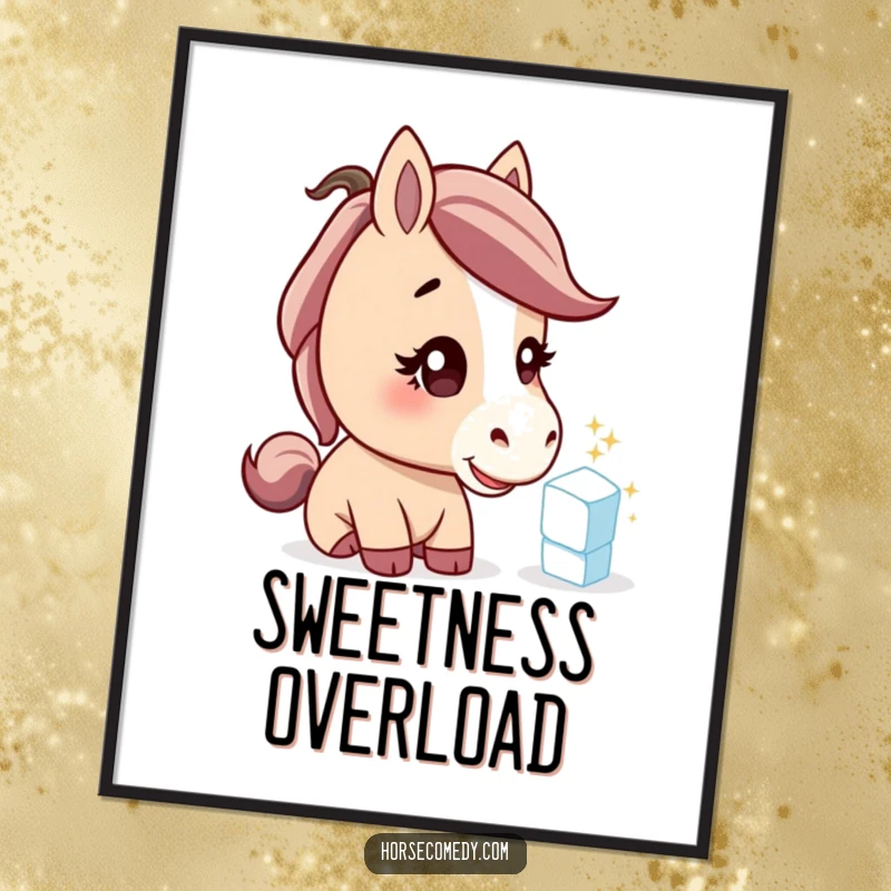 Funny horse digital art print, a curious horse tilting its head to examine a sparkling sugar cube, humorous wall art.