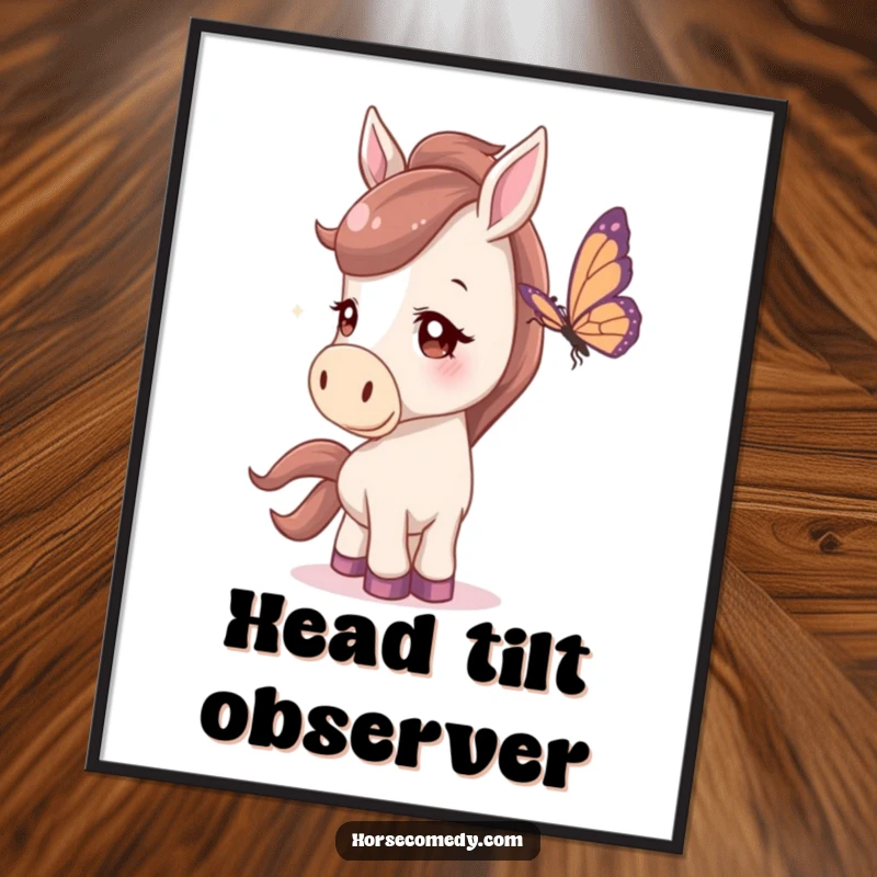 Funny Digital Art Print of a horse with a curious head tilt, gently watching a butterfly, exuding quiet fascination.