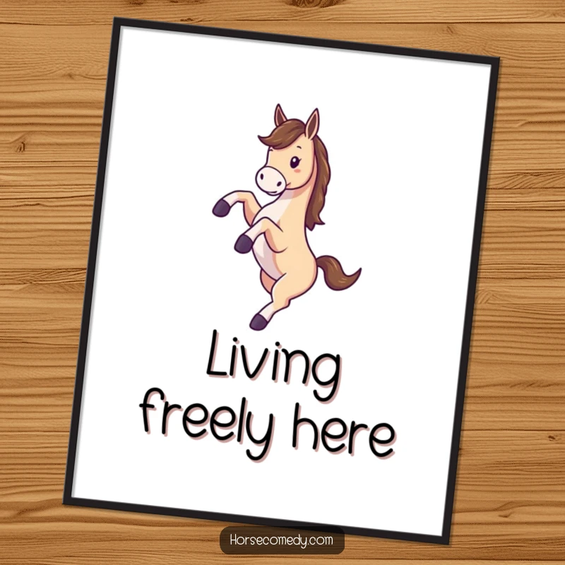 Funny digital art print of a horse enthusiastically kicking its legs in the air and spinning with pure delight.