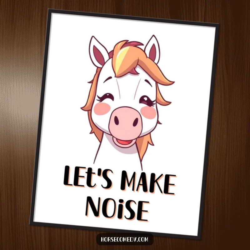 Funny horse character cartoon blush blowing a noisemaker, vibrant digital art print, perfect funny gift.
