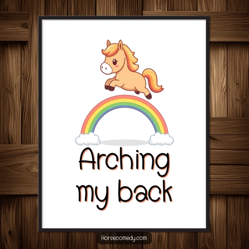 Funny horse digital art print, cute character leaping over a small colorful rainbow arch, conveying pure happiness and playfulness.