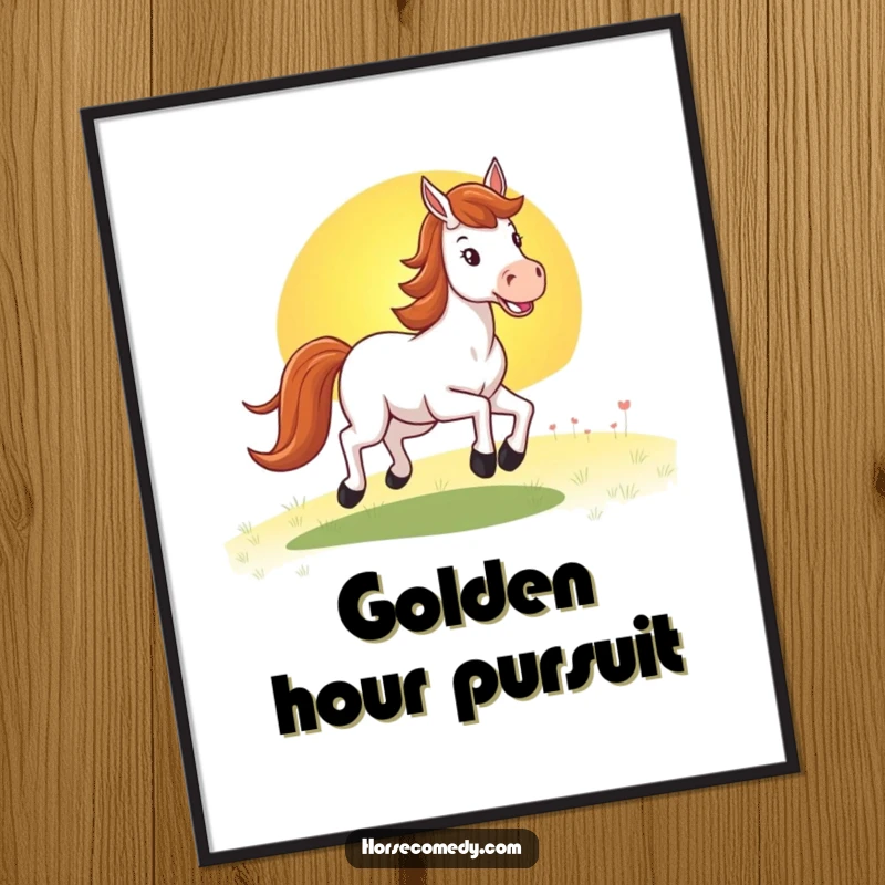 Funny horse digital art print showing a happy horse gallantly galloping towards a breathtaking sunset, perfect for vibrant wall decor.