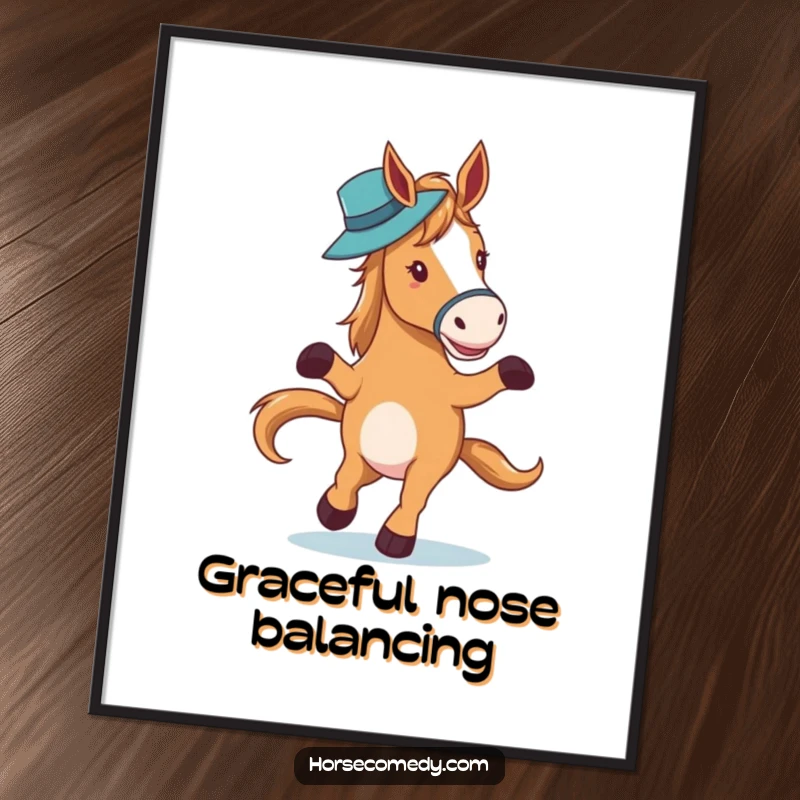 Funny horse character elegantly waltzing with a hat on its nose, presented as sophisticated digital art for wall decor.