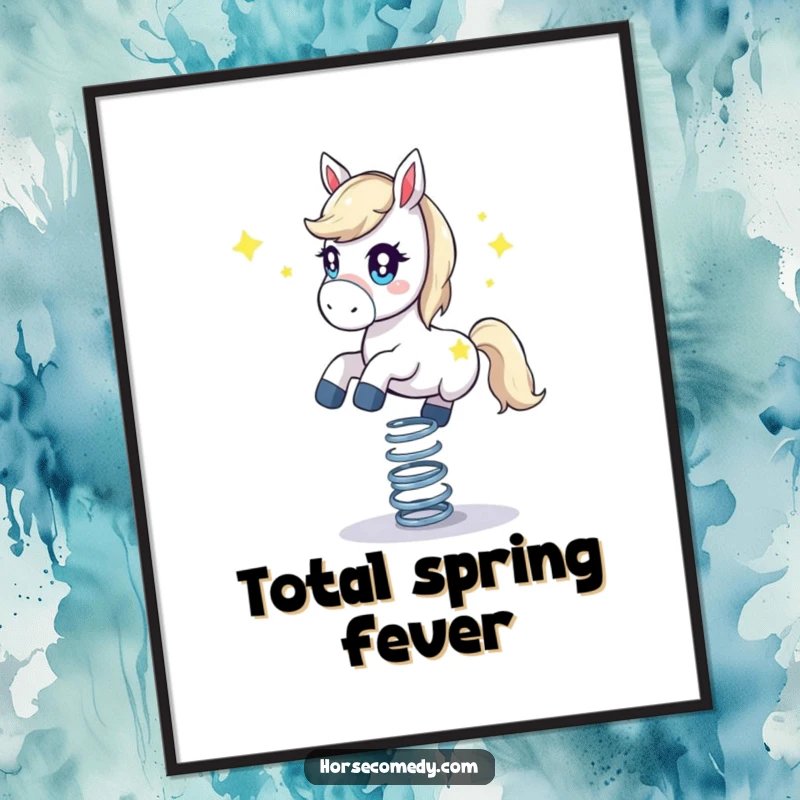 Funny horse digital art print, with a starry-eyed horse balancing on a bouncing spring. Whimsical and energetic.