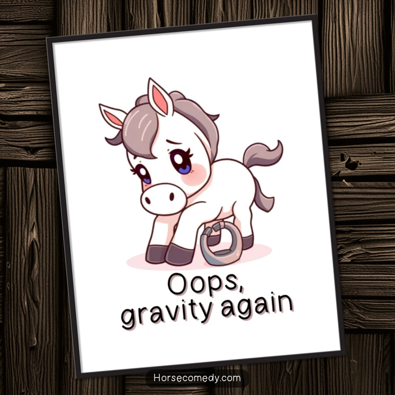 Funny digital art print of a horse comically tripping over a small, shiny horseshoe with a wide-eyed surprised look.